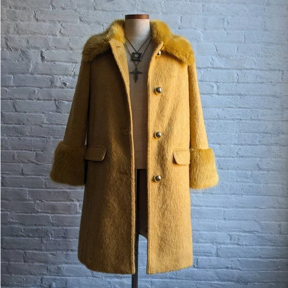 Retro 70s style Groovy Yellow Wool Yellow Penny Lane Jacket Shag Trench Coat - Picture 1 of 9
